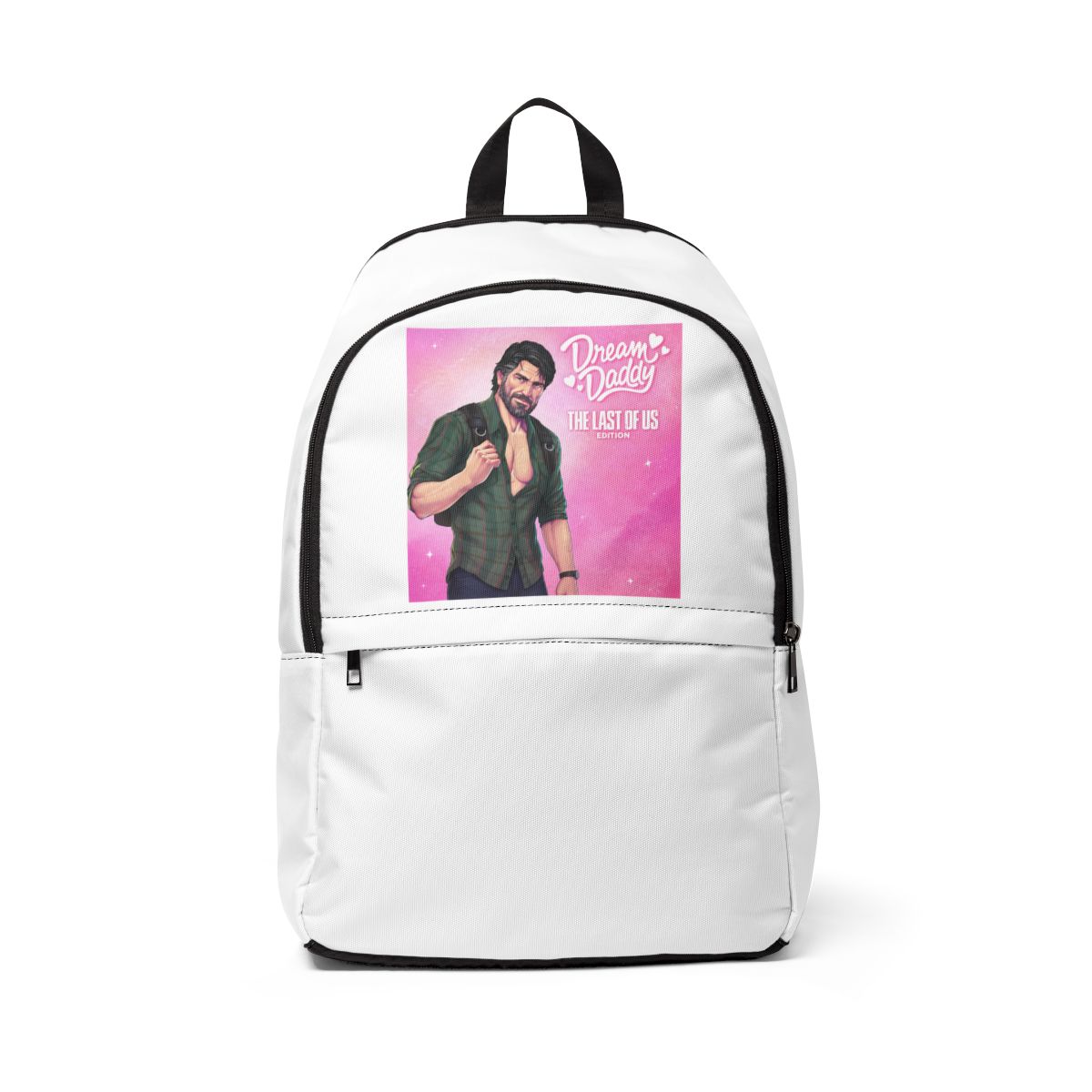 Digital illustration of a man in a green plaid shirt and blue jeans, with a Bags. The image has text that reads "Dream Daddy THE LAST OF US EDITION" on a pink background. The man has a beard and a...